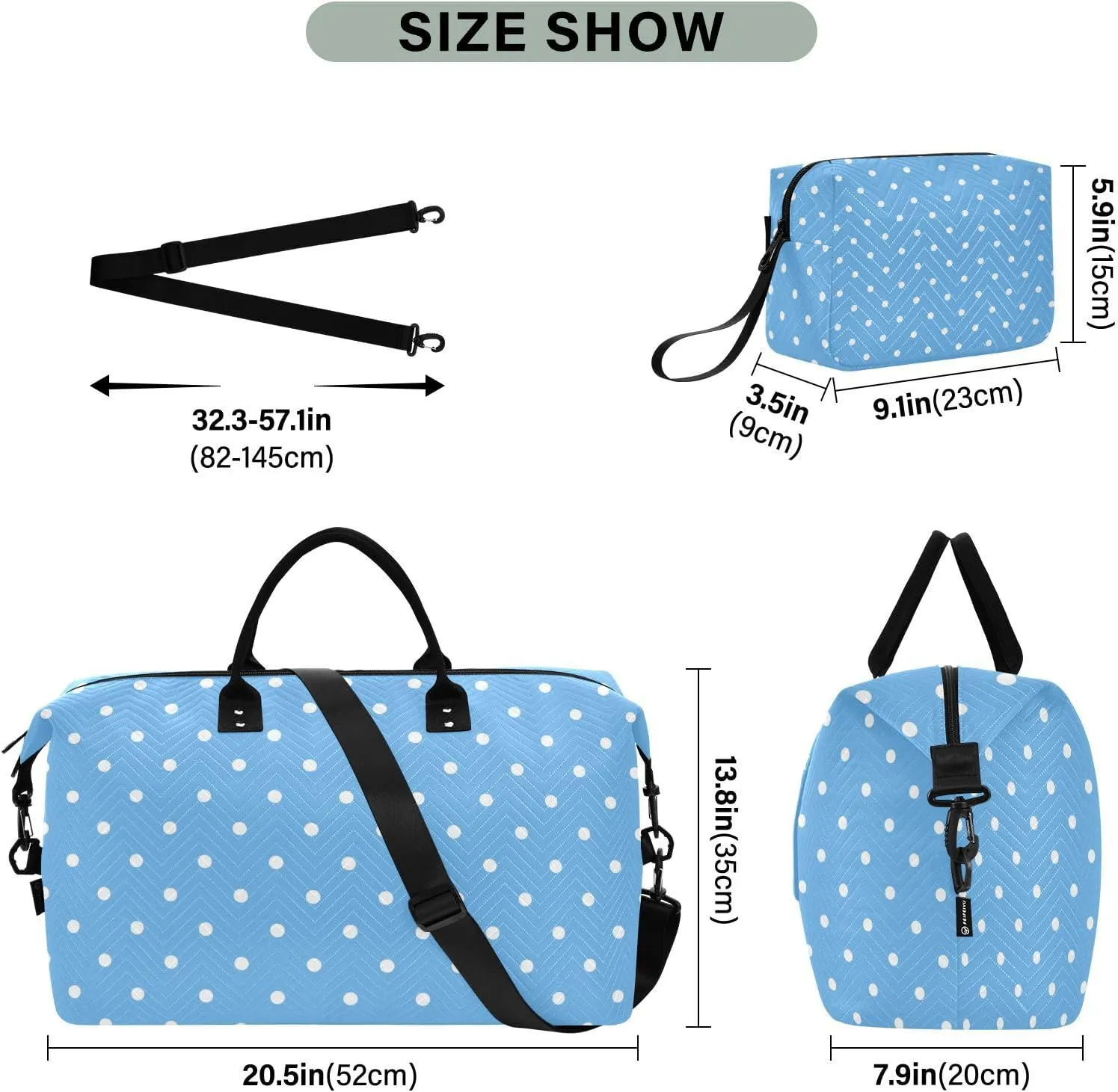 Aslsiy Travel Duffel Bags for Women White Polka Dots Weekender Bags Sky Blue Sports Duffel Bags Gym Bag with Toiletry Bag Carry on Overnight Bag