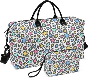 Aslsiy Travel Duffel Bags for Women with Leopard Fur Stars Sports Duffel Bags White Weekender Bags Gym Bag with Toiletry Bag Carry on Overnight Bag