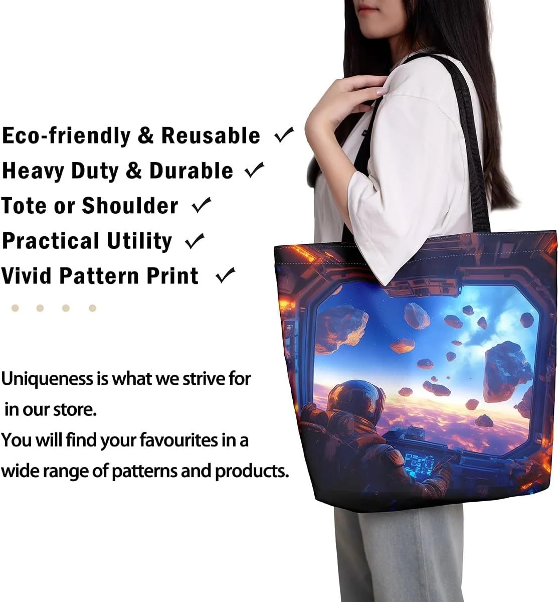 Astronaut Canvas Tote Bag,Fantasy Clouds Tote Bag,Outer Space Themed Shopping Grocery Bags