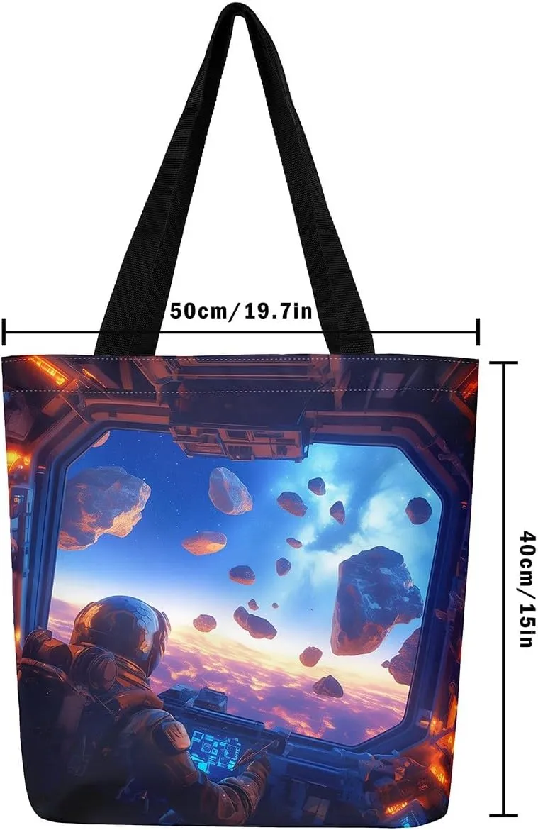 Astronaut Canvas Tote Bag,Fantasy Clouds Tote Bag,Outer Space Themed Shopping Grocery Bags
