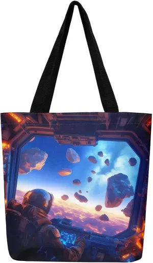 Astronaut Canvas Tote Bag,Fantasy Clouds Tote Bag,Outer Space Themed Shopping Grocery Bags