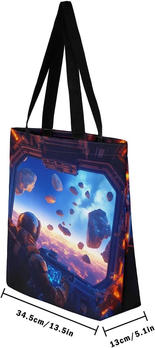 Astronaut Canvas Tote Bag,Fantasy Clouds Tote Bag,Outer Space Themed Shopping Grocery Bags