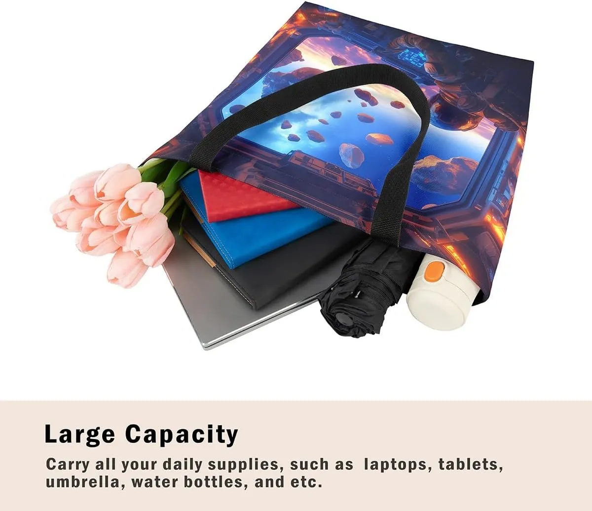 Astronaut Canvas Tote Bag,Fantasy Clouds Tote Bag,Outer Space Themed Shopping Grocery Bags