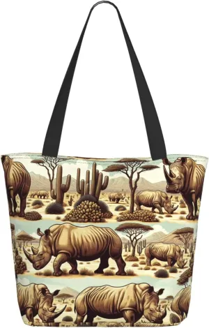 Augenstern Women Shoulder Bag Endangered-Rhino-Desert Foldable Tote Bag With Zipper Closure Casual Shopping Purse Daily Bag