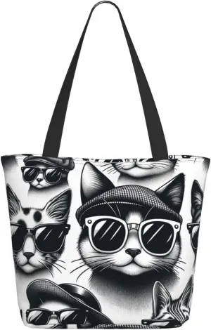 Augenstern Women Shoulder Bag Hipster-Cats-Sunglasses Foldable Tote Bag With Zipper Closure Casual Shopping Purse Daily Bag