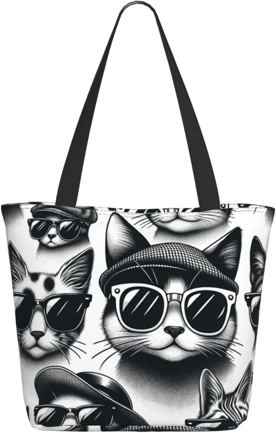 Augenstern Women Shoulder Bag Hipster-Cats-Sunglasses Foldable Tote Bag With Zipper Closure Casual Shopping Purse Daily Bag