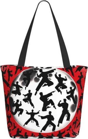 Augenstern Women Shoulder Bag Martial-Artists-Poses Foldable Tote Bag With Zipper Closure Casual Shopping Purse Daily Bag