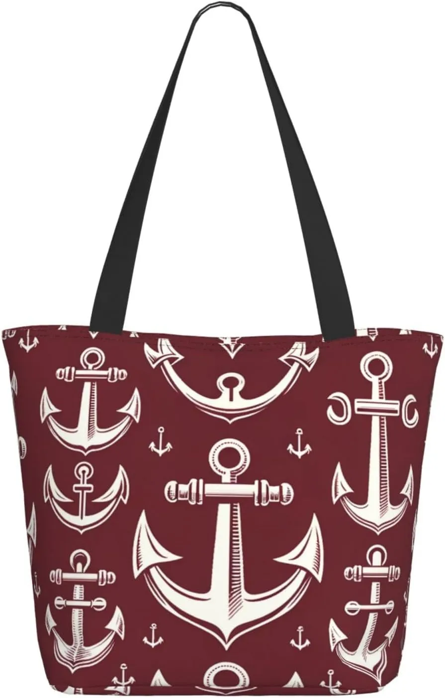 Augenstern Women Shoulder Bag Nautical-Maritime-Red Foldable Tote Bag With Zipper Closure Casual Shopping Purse Daily Bag