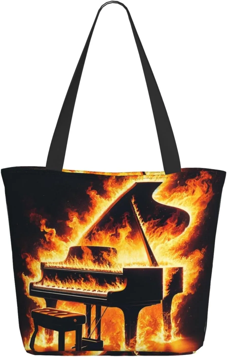 Augenstern Women Shoulder Bag Piano-Wildness-Fire Foldable Tote Bag With Zipper Closure Casual Shopping Purse Daily Bag