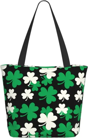 Augenstern Women Shoulder Bag St.Patrick'S-Day-Green-Clover Foldable Tote Bag With Zipper Closure Casual Shopping Purse Daily Bag