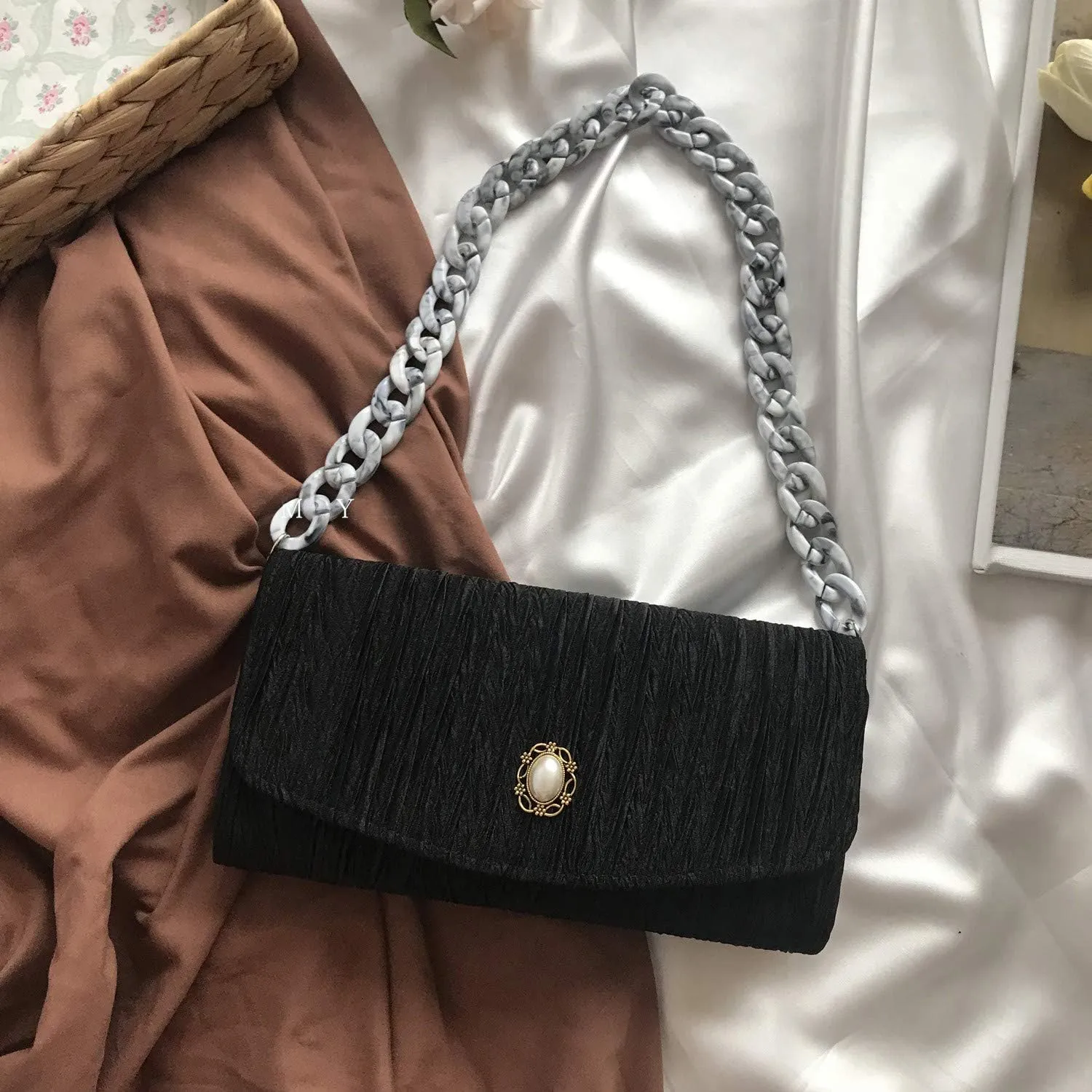 Aumey Clear White Black Brown Acrylic Chain Clutch Purse Strap Handles Bag Handbag Purse Replacement Chains 40 Inches