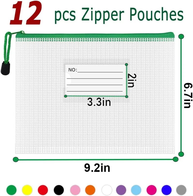 AUSTARK Plastic Mesh Zipper Pouch, 12Pcs Zipper File Bags with Label Pocket, A5 Size 9.2x6.7in, White