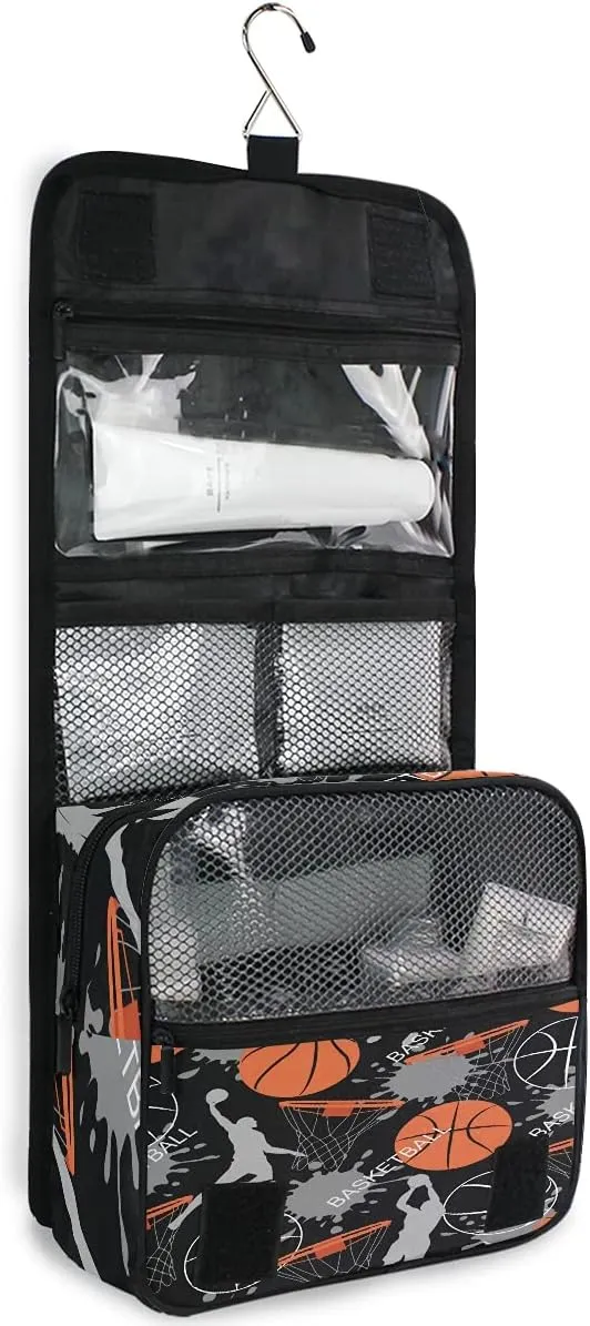 AUUXVA Travel Toiletry Bag Sport Ball Basketball Pattern Cosmetic Organizer Bag Hanging Makeup Bag with Zipper Pocket and Handle, Portable Wash Bag for Women Men Girls