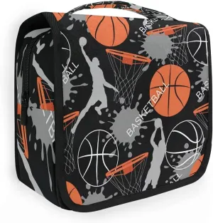AUUXVA Travel Toiletry Bag Sport Ball Basketball Pattern Cosmetic Organizer Bag Hanging Makeup Bag with Zipper Pocket and Handle, Portable Wash Bag for Women Men Girls