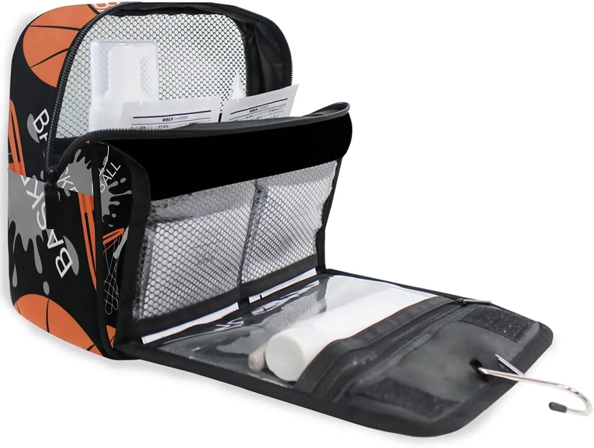 AUUXVA Travel Toiletry Bag Sport Ball Basketball Pattern Cosmetic Organizer Bag Hanging Makeup Bag with Zipper Pocket and Handle, Portable Wash Bag for Women Men Girls
