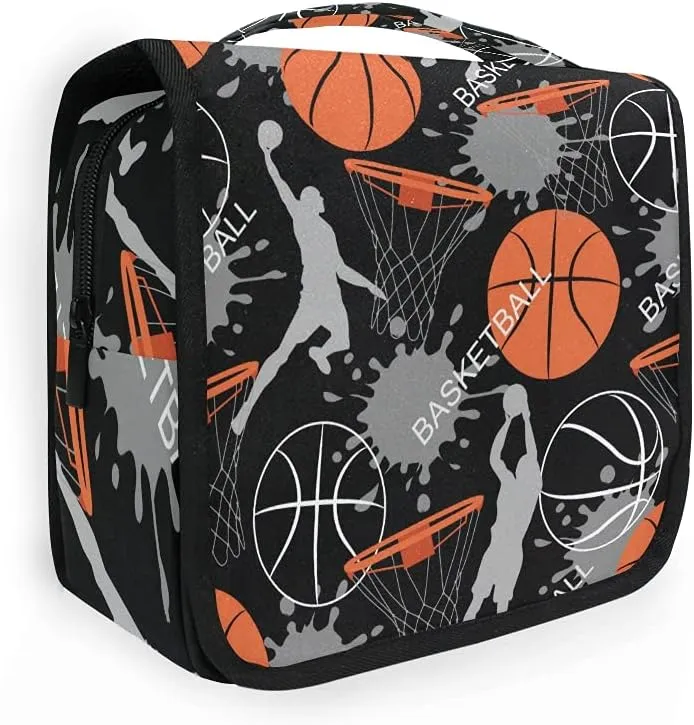 AUUXVA Travel Toiletry Bag Sport Ball Basketball Pattern Cosmetic Organizer Bag Hanging Makeup Bag with Zipper Pocket and Handle, Portable Wash Bag for Women Men Girls