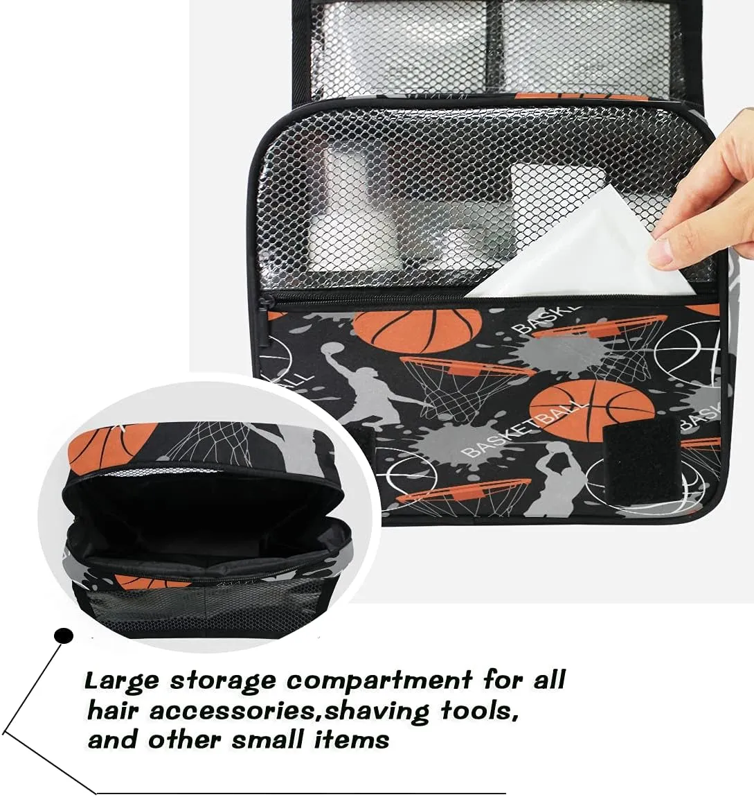 AUUXVA Travel Toiletry Bag Sport Ball Basketball Pattern Cosmetic Organizer Bag Hanging Makeup Bag with Zipper Pocket and Handle, Portable Wash Bag for Women Men Girls