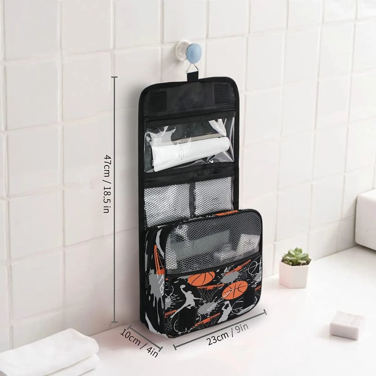 AUUXVA Travel Toiletry Bag Sport Ball Basketball Pattern Cosmetic Organizer Bag Hanging Makeup Bag with Zipper Pocket and Handle, Portable Wash Bag for Women Men Girls