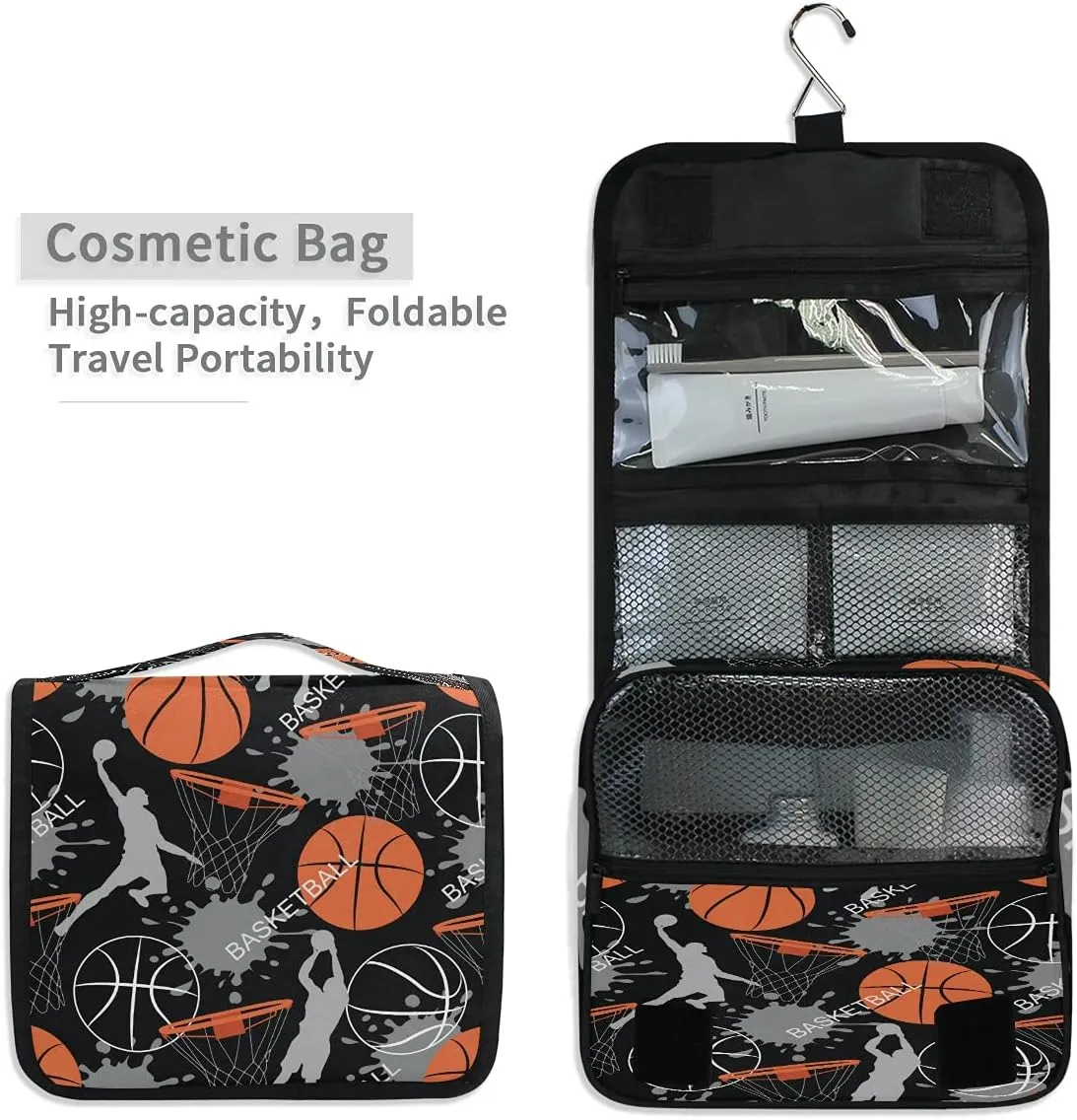 AUUXVA Travel Toiletry Bag Sport Ball Basketball Pattern Cosmetic Organizer Bag Hanging Makeup Bag with Zipper Pocket and Handle, Portable Wash Bag for Women Men Girls