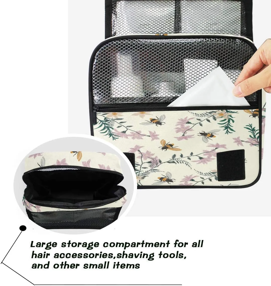 AUUXVA Travel Toiletry Bag Spring Bee Flower Floral Pattern Cosmetic Organizer Bag Hanging Makeup Bag with Zipper Pocket and Handle, Portable Wash Bag for Women Men Girls