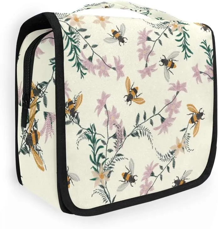 AUUXVA Travel Toiletry Bag Spring Bee Flower Floral Pattern Cosmetic Organizer Bag Hanging Makeup Bag with Zipper Pocket and Handle, Portable Wash Bag for Women Men Girls