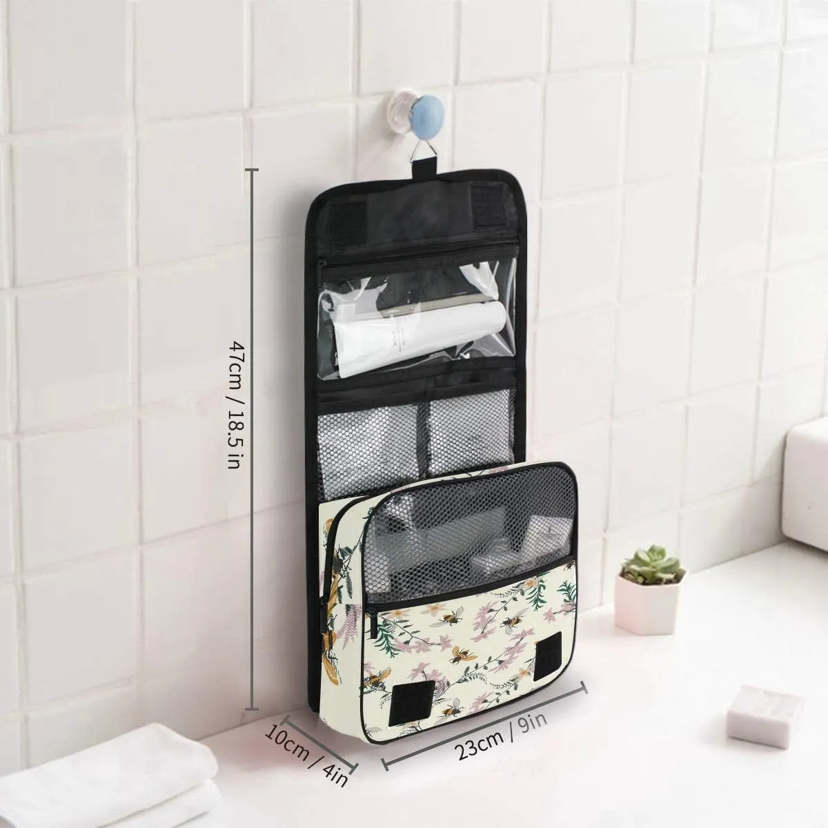 AUUXVA Travel Toiletry Bag Spring Bee Flower Floral Pattern Cosmetic Organizer Bag Hanging Makeup Bag with Zipper Pocket and Handle, Portable Wash Bag for Women Men Girls
