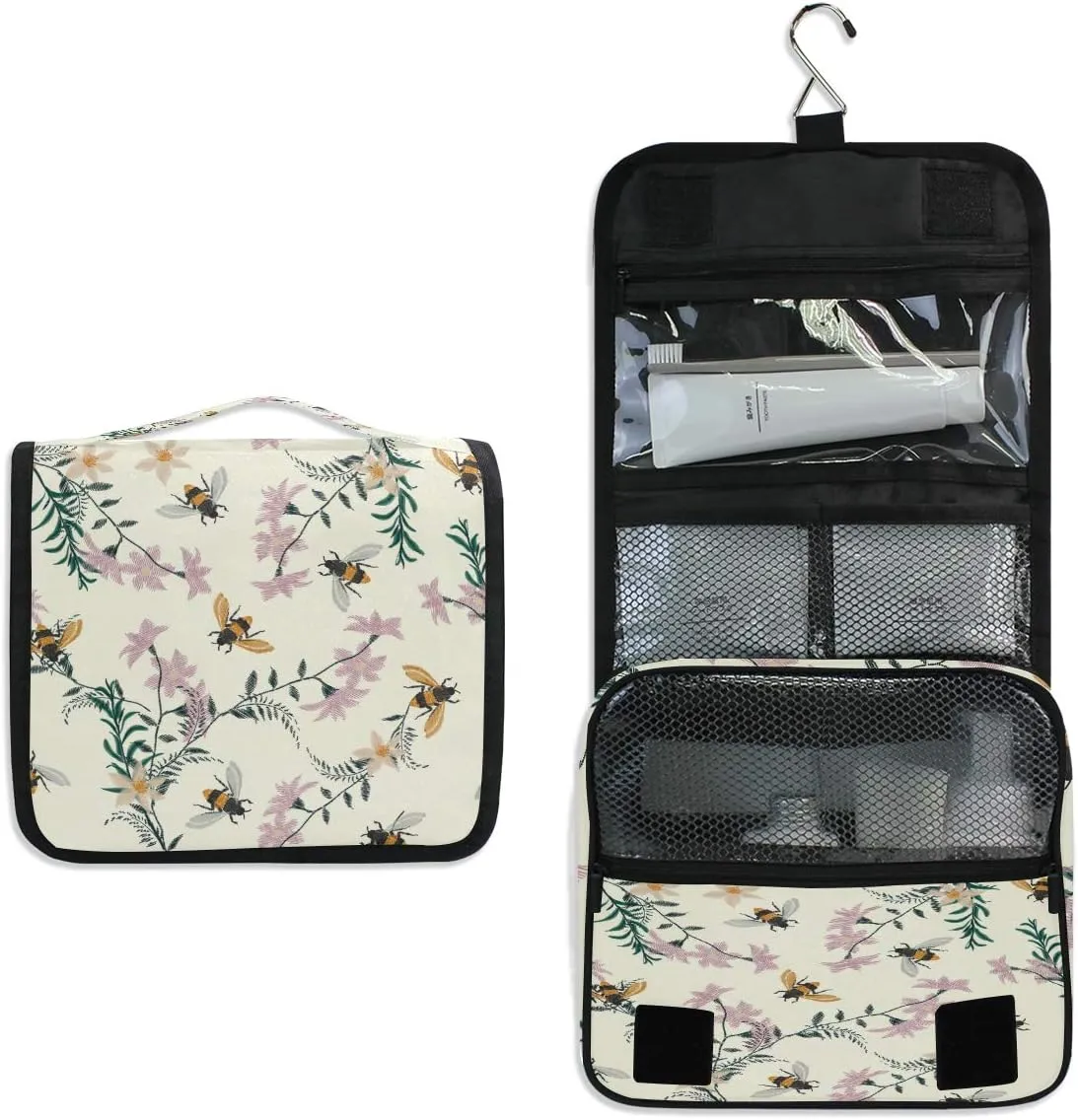AUUXVA Travel Toiletry Bag Spring Bee Flower Floral Pattern Cosmetic Organizer Bag Hanging Makeup Bag with Zipper Pocket and Handle, Portable Wash Bag for Women Men Girls