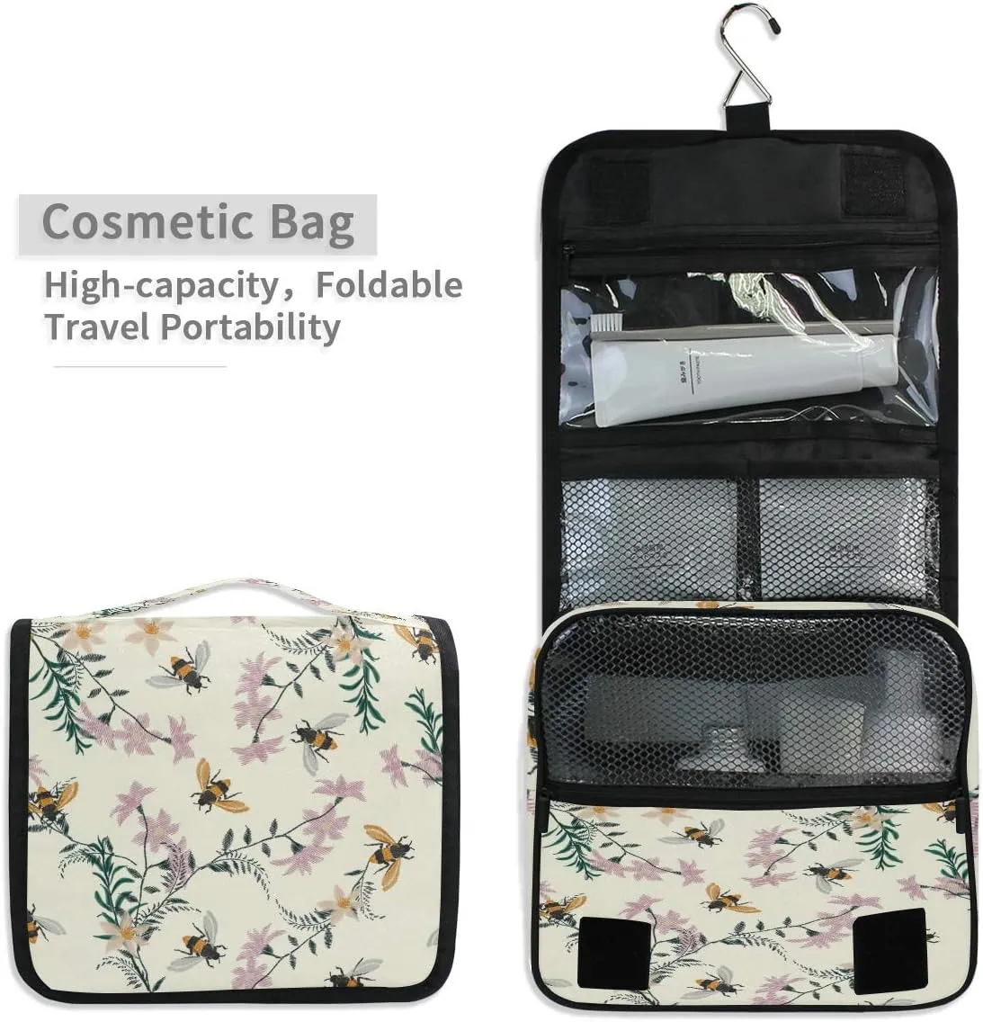 AUUXVA Travel Toiletry Bag Spring Bee Flower Floral Pattern Cosmetic Organizer Bag Hanging Makeup Bag with Zipper Pocket and Handle, Portable Wash Bag for Women Men Girls