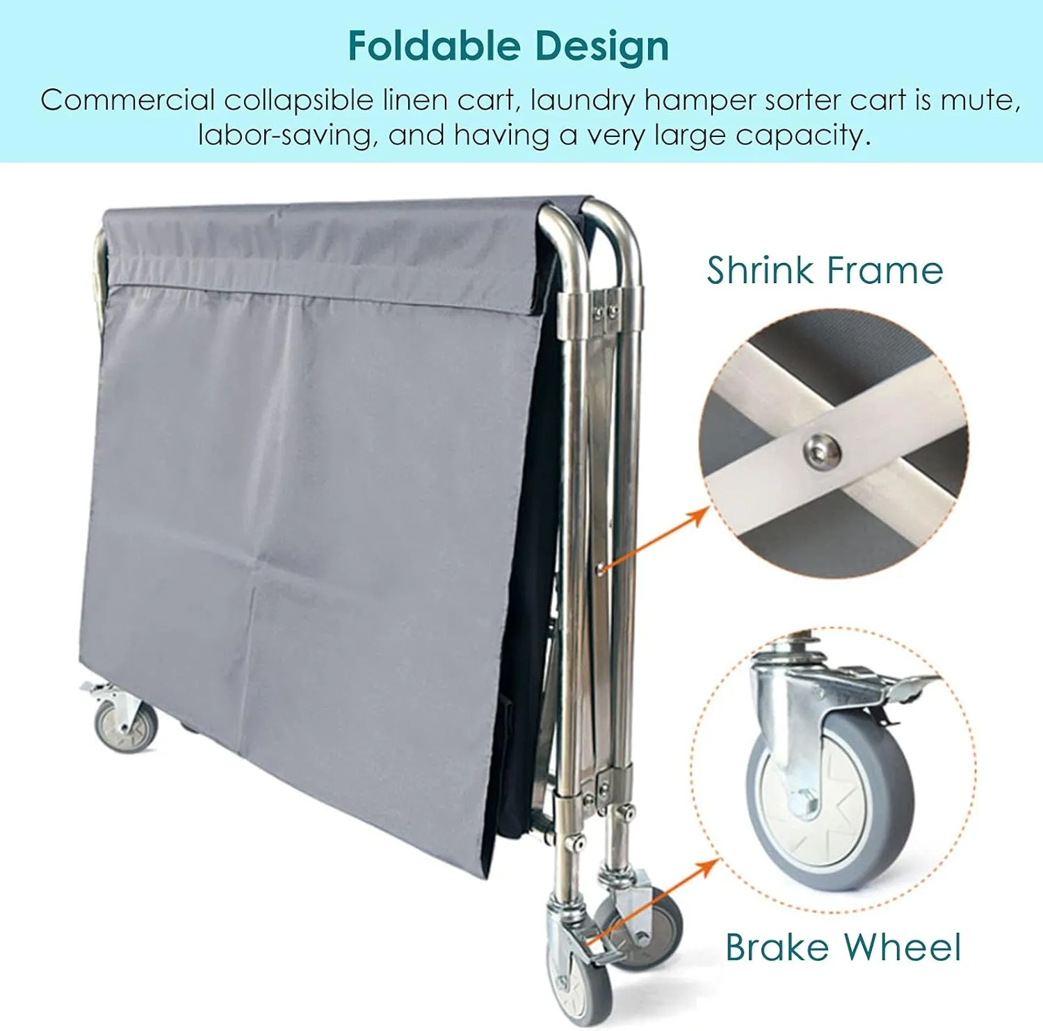 AVFORA Gray Large Laundry Cart on Wheels, Commercial Hamper Sorters Carts with Oxford Bags, Folding Trolley for Hotel (Size : L-90x60x88 cm)