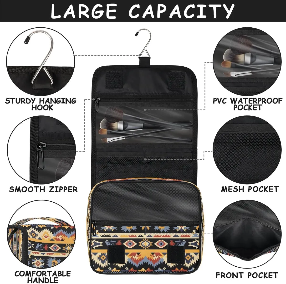 Aztec Ethnic Print Hanging Toiletry Bag for Women Travel Makeup Bag Cosmetic Organizer Travel Toiletries Bag for Men