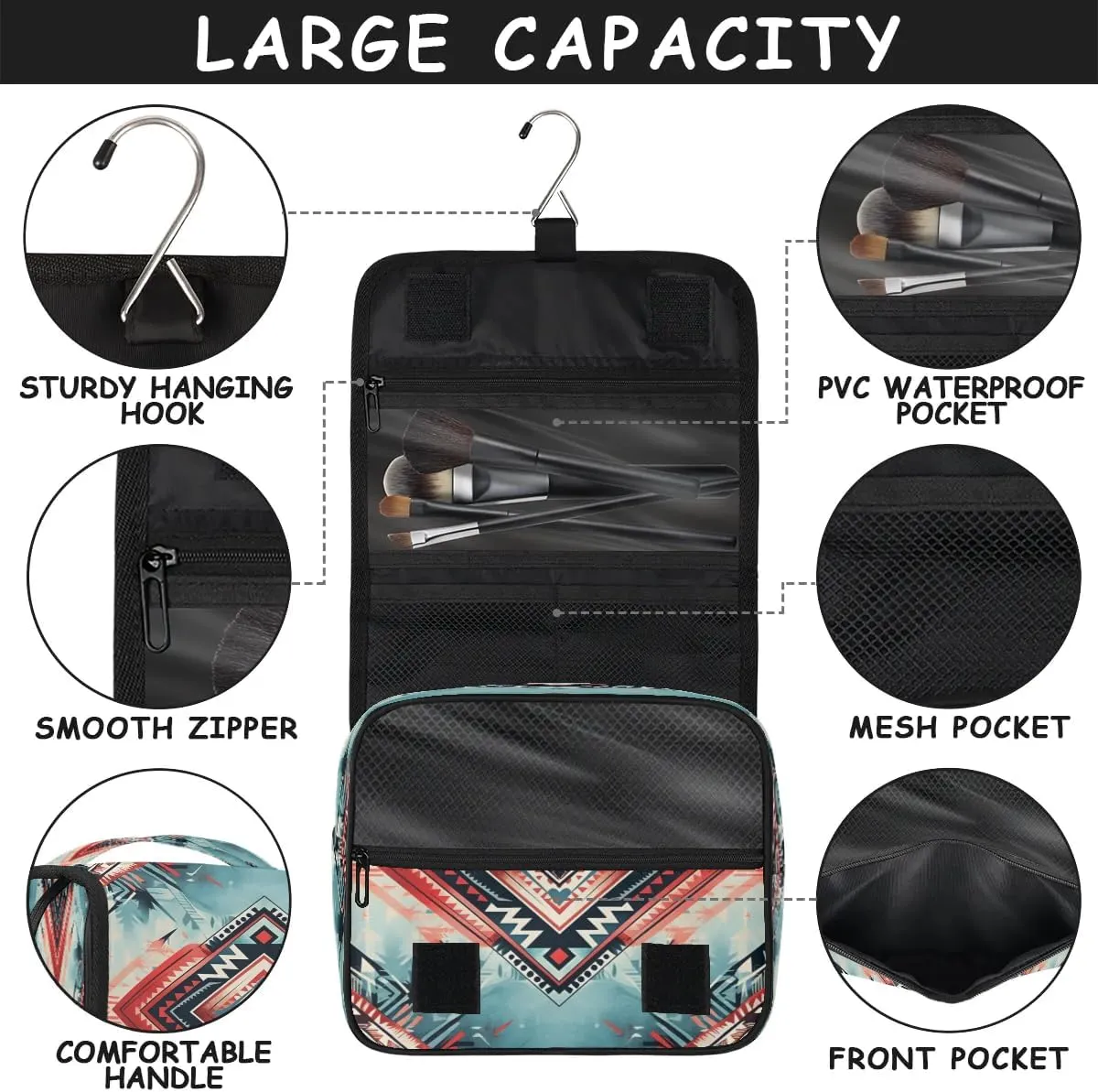 Aztec Print Travel Toiletry Bag with Hanging Hook Waterproof Cosmetic Bag Makeup Organizer Travel Containers for Toiletries
