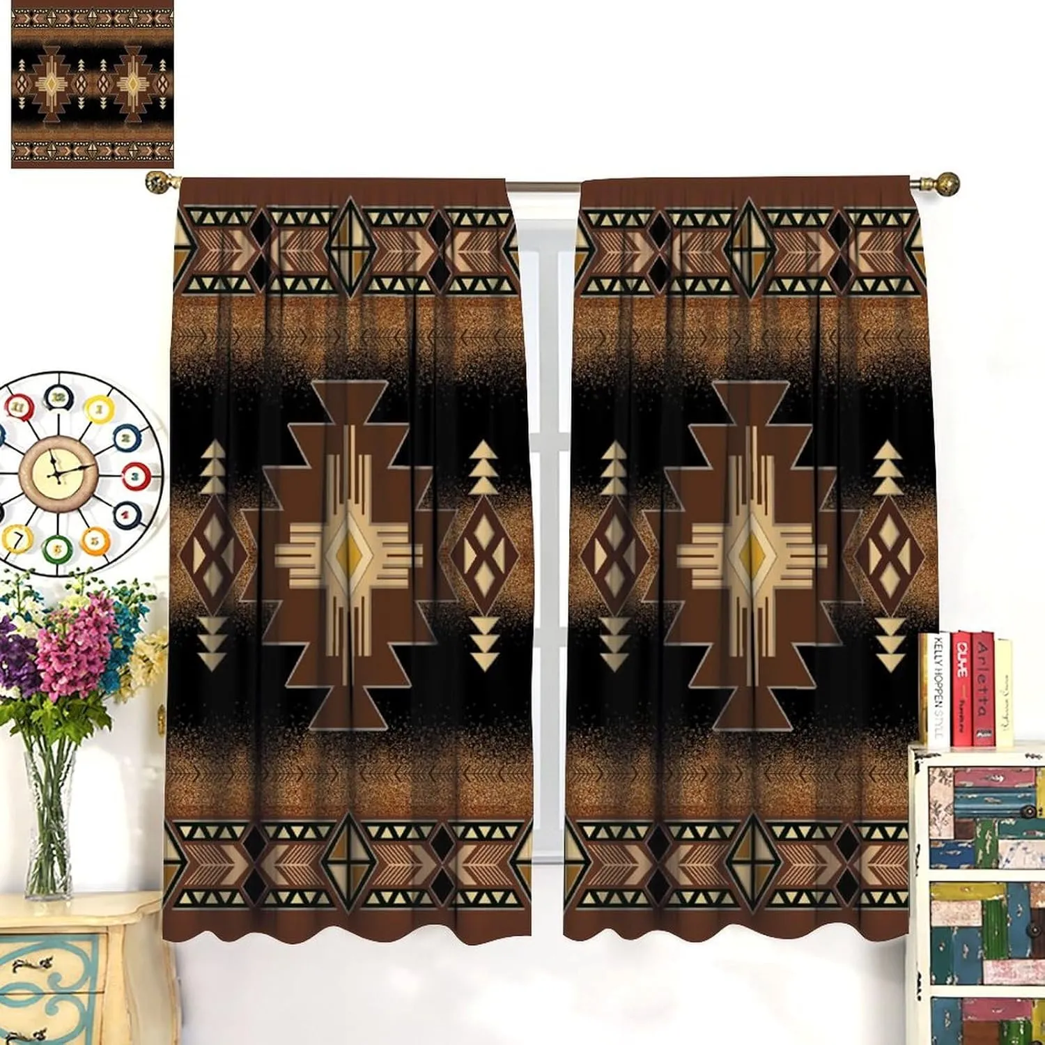 Aztec Window Curtains,Black Gold Southwestern Native Tribal Navajo American Ethnic Abstract Triangular Geometric Vintage Drapes 42x45 Inch