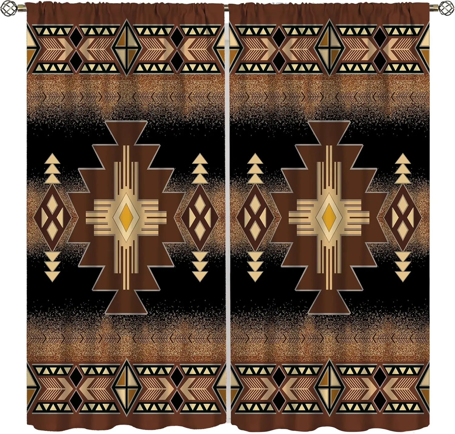 Aztec Window Curtains,Black Gold Southwestern Native Tribal Navajo American Ethnic Abstract Triangular Geometric Vintage Drapes 42x45 Inch