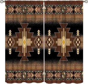 Aztec Window Curtains,Black Gold Southwestern Native Tribal Navajo American Ethnic Abstract Triangular Geometric Vintage Drapes 42x45 Inch