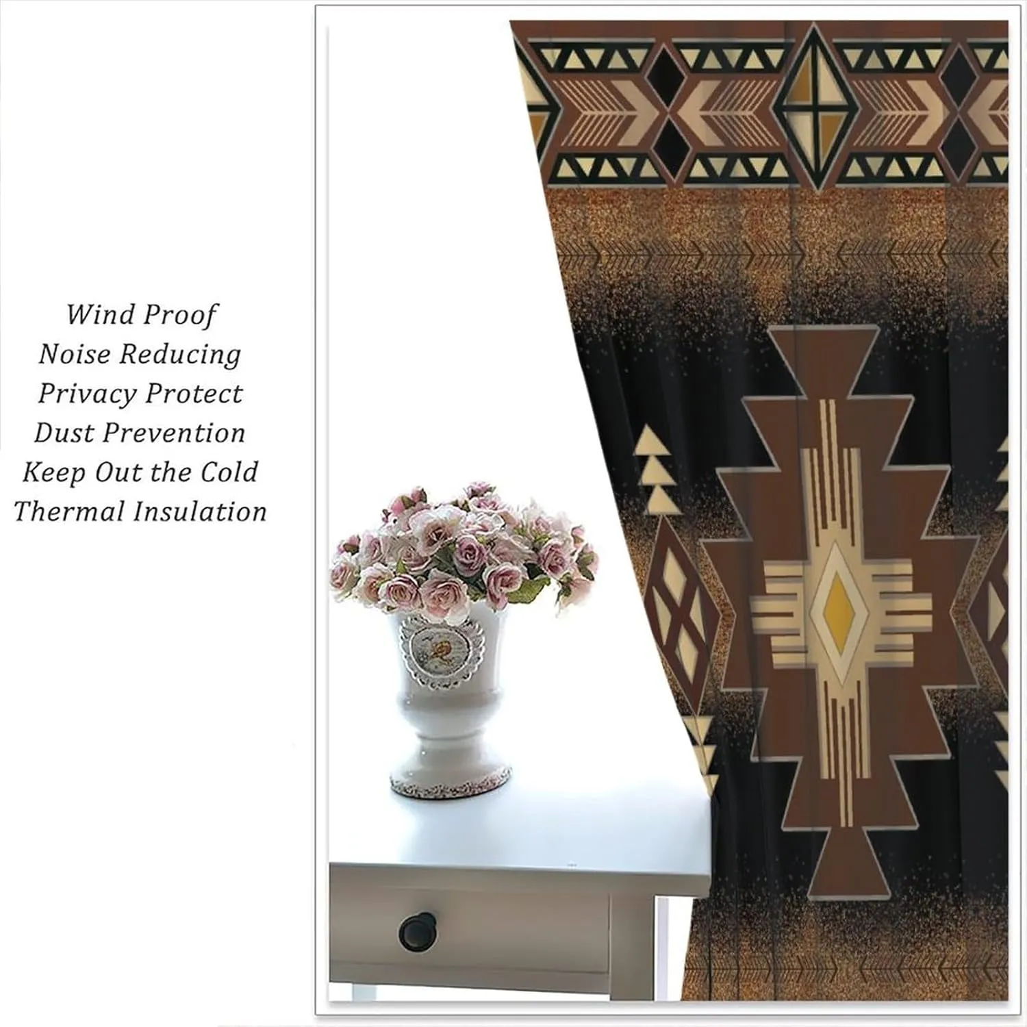 Aztec Window Curtains,Black Gold Southwestern Native Tribal Navajo American Ethnic Abstract Triangular Geometric Vintage Drapes 42x45 Inch