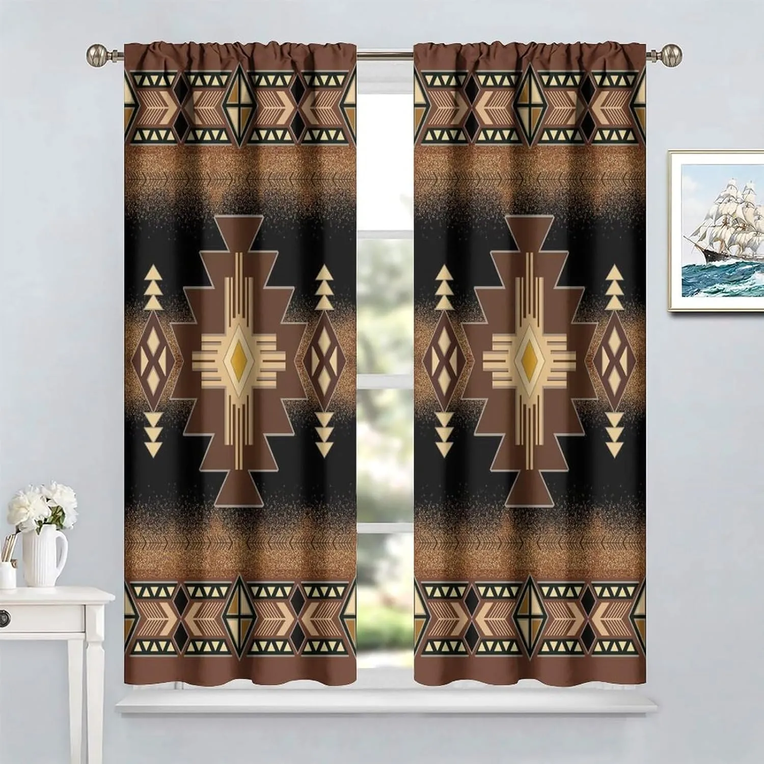 Aztec Window Curtains,Black Gold Southwestern Native Tribal Navajo American Ethnic Abstract Triangular Geometric Vintage Drapes 42x45 Inch