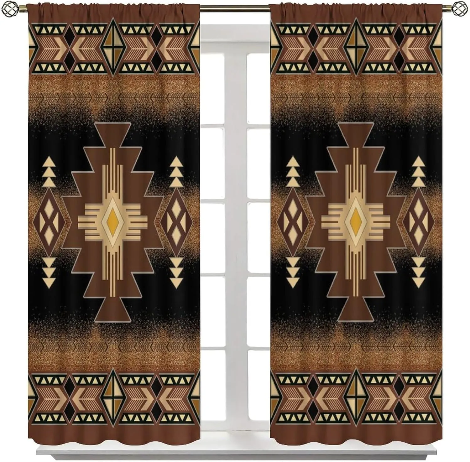 Aztec Window Curtains,Black Gold Southwestern Native Tribal Navajo American Ethnic Abstract Triangular Geometric Vintage Drapes 42x45 Inch