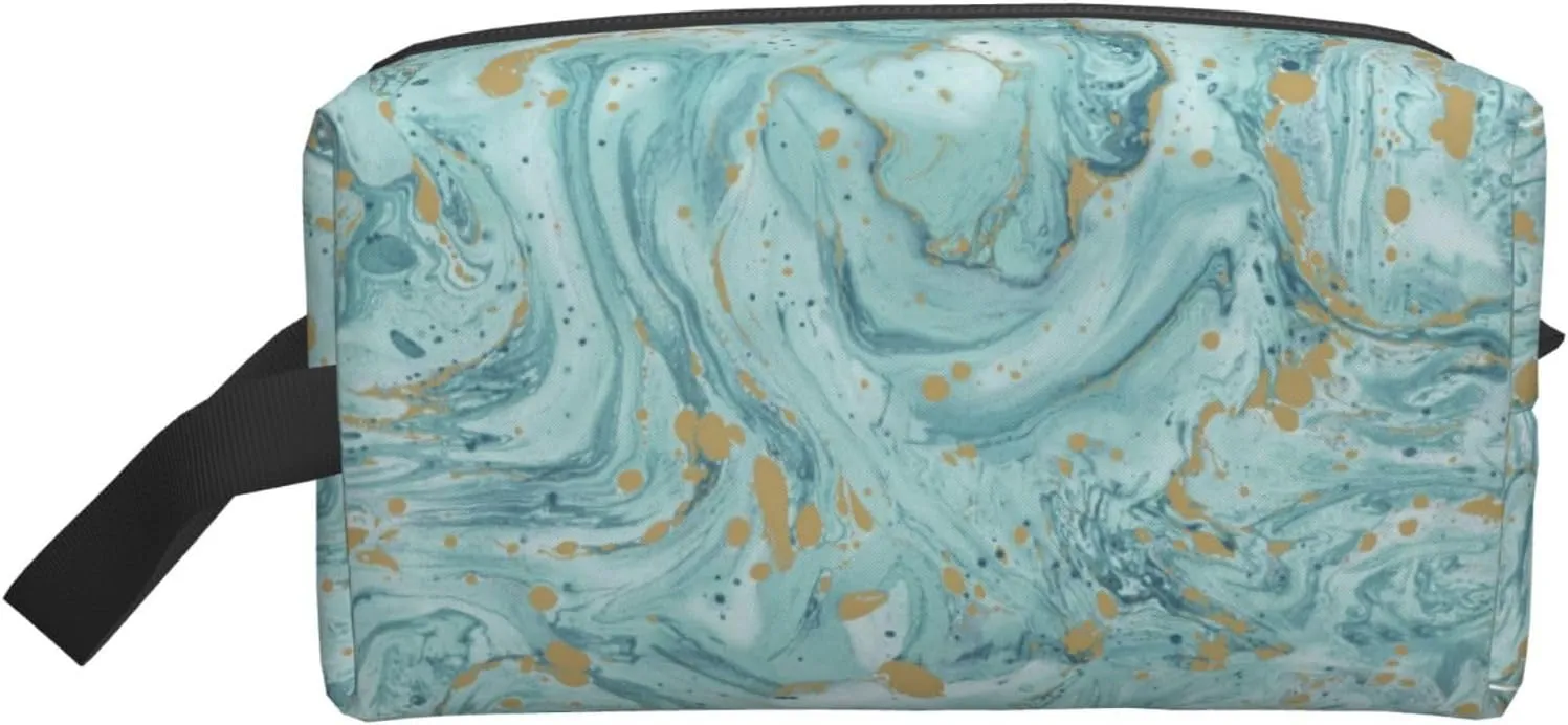 Azurite Teal And Foil Gold Oil Marble Pattern Print Travel Cosmetic Large Capacity Zippered Storage Bag For Toiletries Daily Essentials