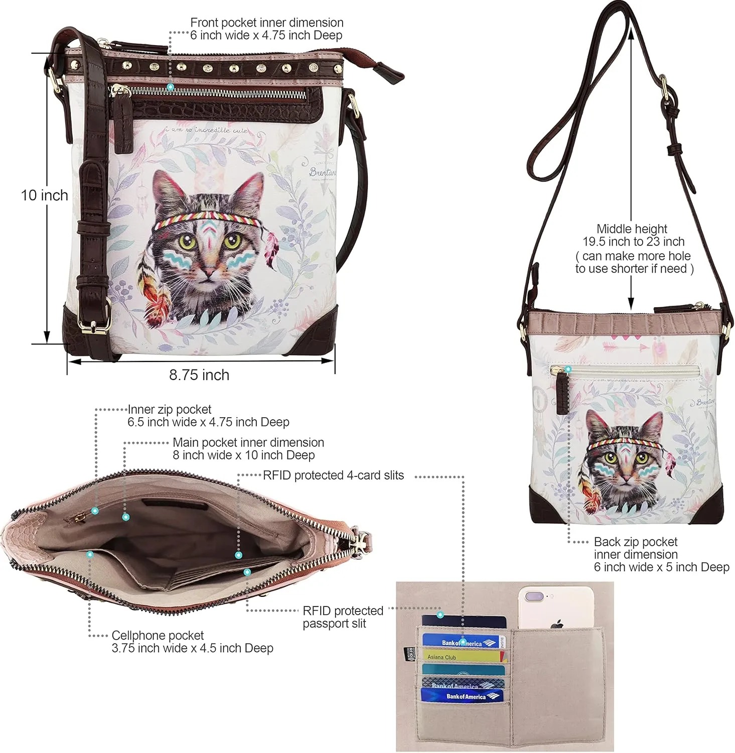 B BRENTANO Vegan Cute Animal Graphic Crossbody Bag Purse with Rhinestones