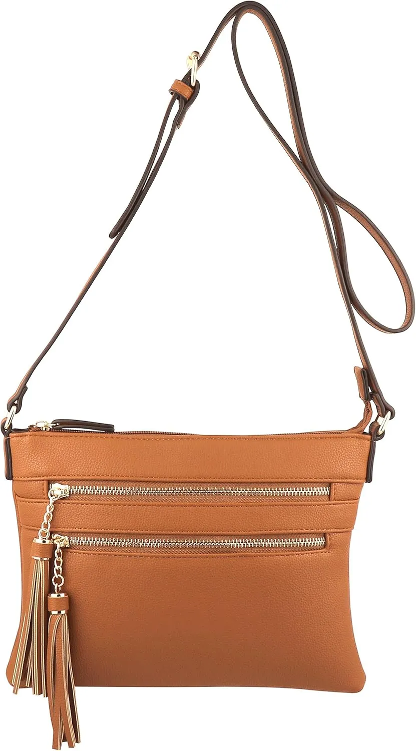 B BRENTANO Vegan Multi-Zipper Crossbody Handbag Purse with Tassel Accents