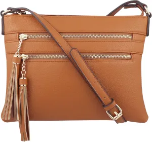 B BRENTANO Vegan Multi-Zipper Crossbody Handbag Purse with Tassel Accents