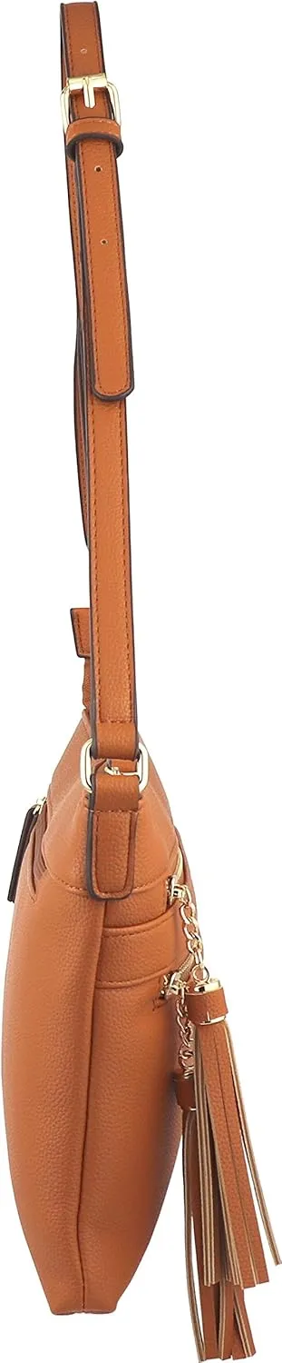 B BRENTANO Vegan Multi-Zipper Crossbody Handbag Purse with Tassel Accents