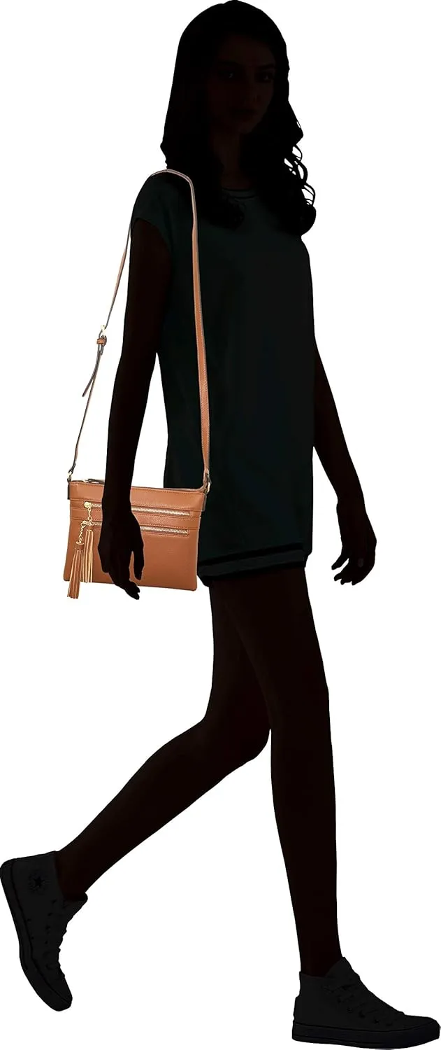 B BRENTANO Vegan Multi-Zipper Crossbody Handbag Purse with Tassel Accents