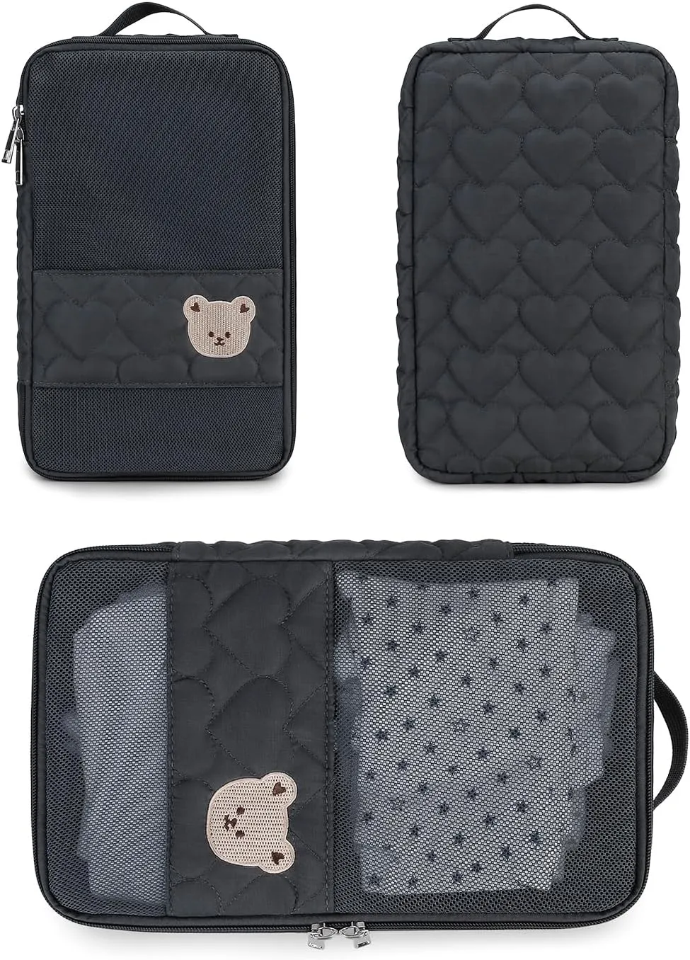 Baby Diaper Bag Organizer Pouches - 2 Pack Waterproof Pod Hanging Diaper Bag Cute Bear Mesh Bag Reusable, Washable or Baby Cloth Diapers (Black)