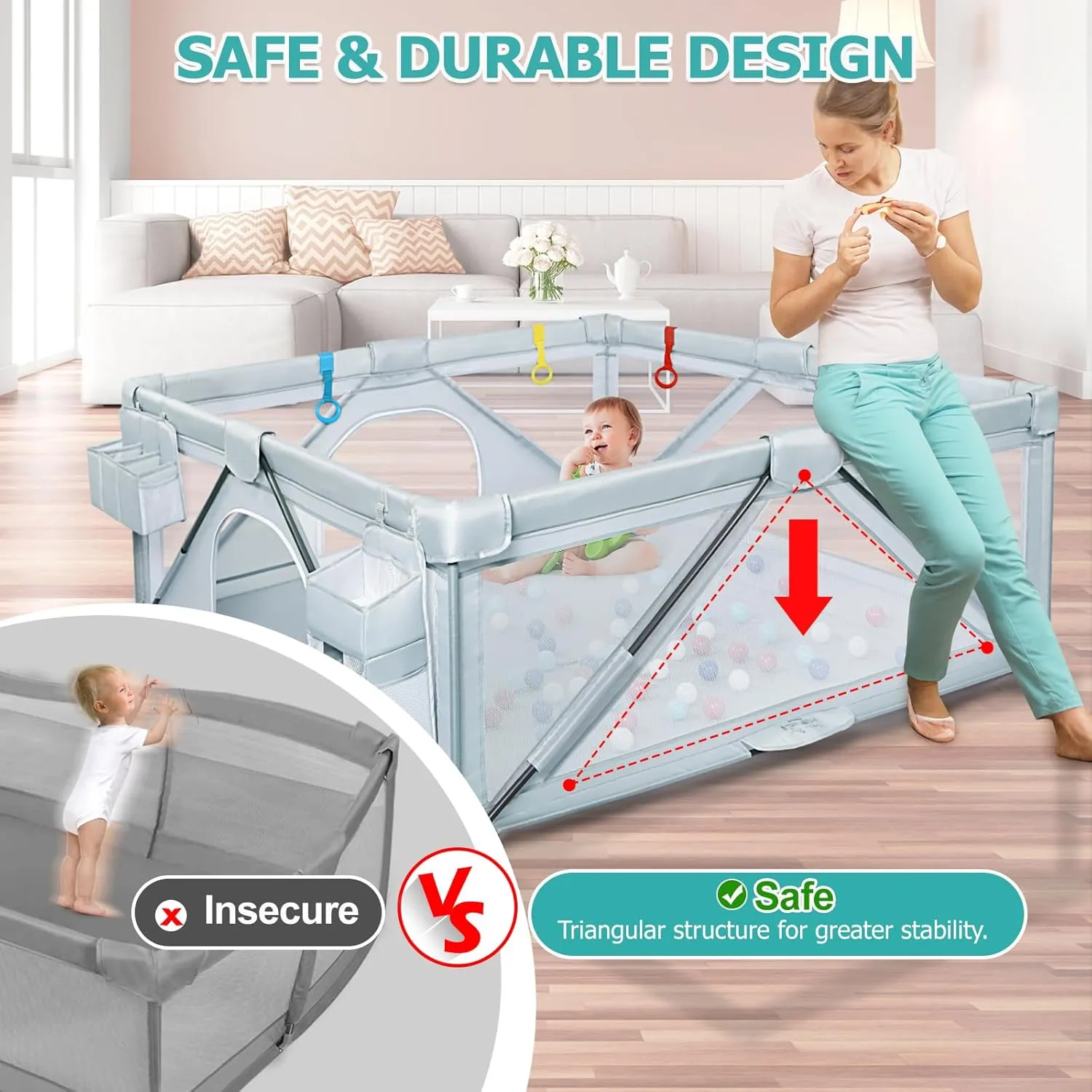 Baby Playpen: Foldable Playpen for Babies and Toddlers Large Play Pen Portable Playpen Fence Indoor Outdoor Kids Safety Area Travel Play Yard with 2 Storage Bags 4 Handlers 50 Balls (71"×71")