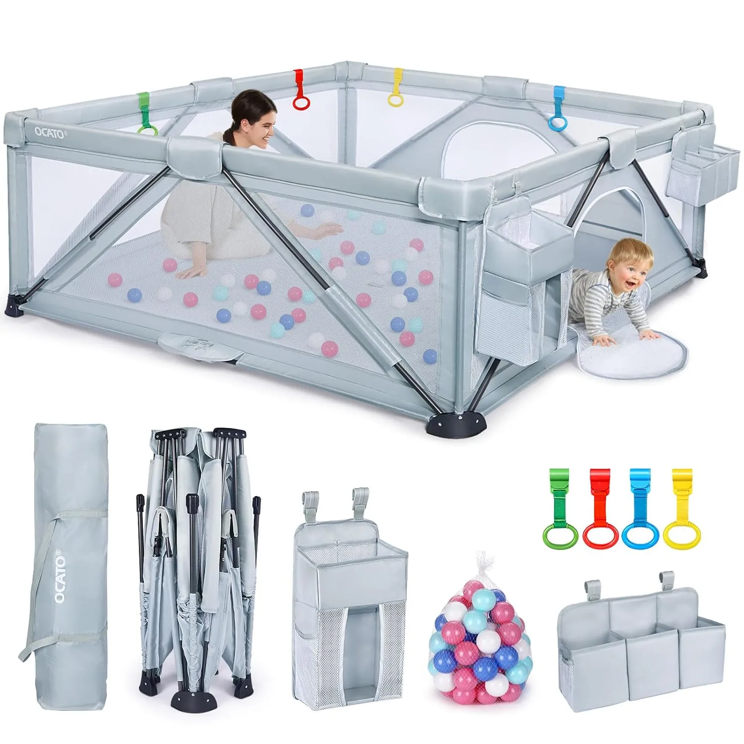 Baby Playpen: Foldable Playpen for Babies and Toddlers Large Play Pen Portable Playpen Fence Indoor Outdoor Kids Safety Area Travel Play Yard with 2 Storage Bags 4 Handlers 50 Balls (71"×71")
