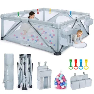 Baby Playpen: Foldable Playpen for Babies and Toddlers Large Play Pen Portable Playpen Fence Indoor Outdoor Kids Safety Area Travel Play Yard with 2 Storage Bags 4 Handlers 50 Balls (71"×71")