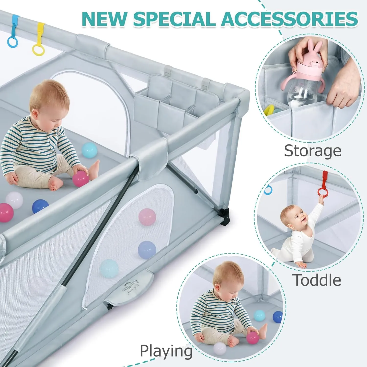 Baby Playpen: Foldable Playpen for Babies and Toddlers Large Play Pen Portable Playpen Fence Indoor Outdoor Kids Safety Area Travel Play Yard with 2 Storage Bags 4 Handlers 50 Balls (71"×71")
