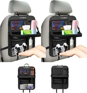 Back Seat Car Organizer with Foldable Tray & Large Pockets | Multi-Use Backseat Car Organizer, Seat Back Protector Kick Mats, Tablet Holder & Kids Road Trip Essentials (Black, 2PCS)