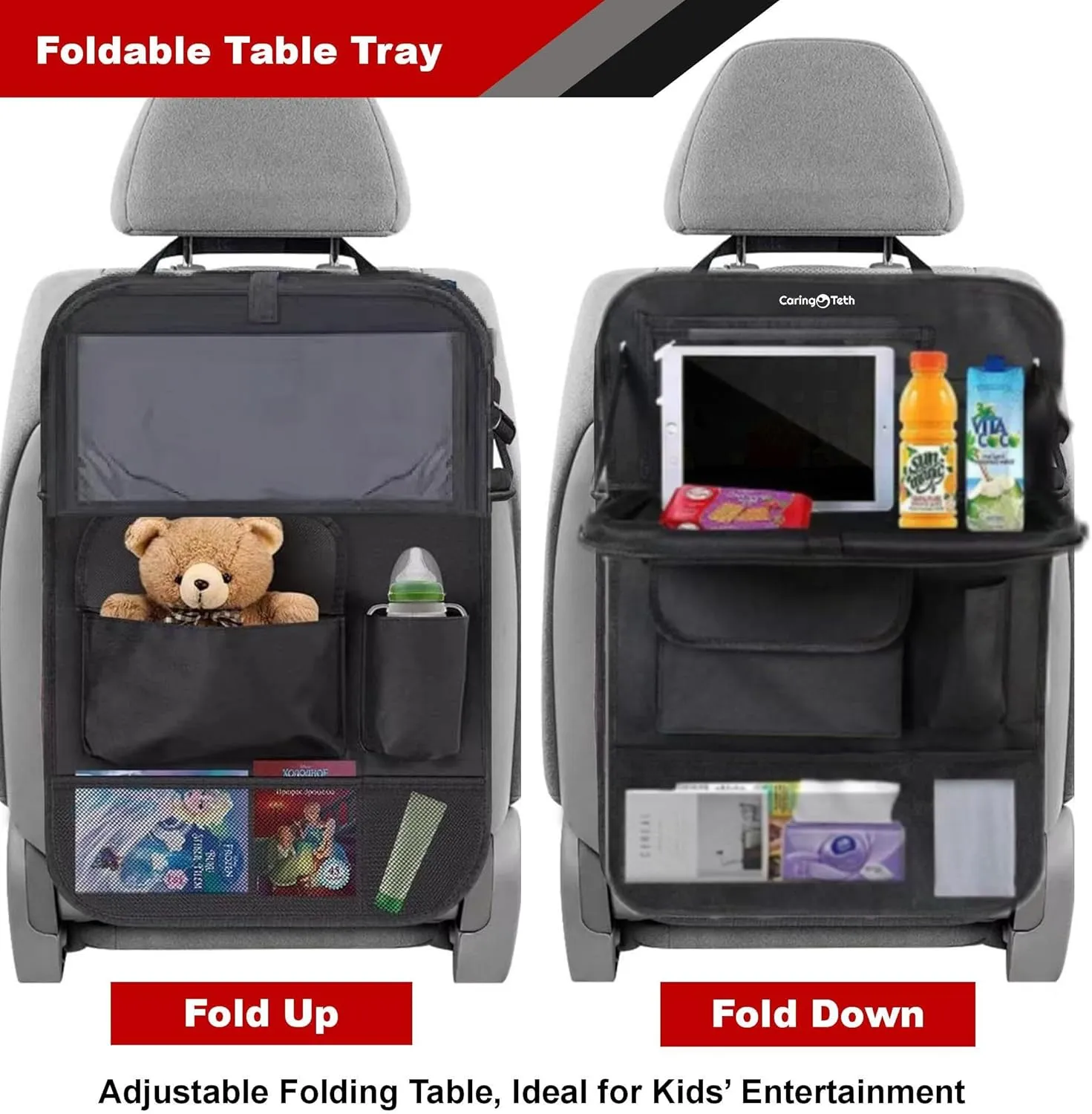 Back Seat Car Organizer with Foldable Tray & Large Pockets | Multi-Use Backseat Car Organizer, Seat Back Protector Kick Mats, Tablet Holder & Kids Road Trip Essentials (Black, 2PCS)